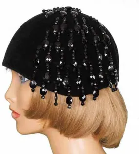 1960s Cloche Hat with Crystal Beads, Black Felt