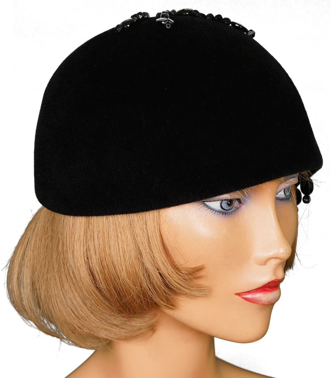 1960s Cloche Hat with Crystal Beads, Black Felt