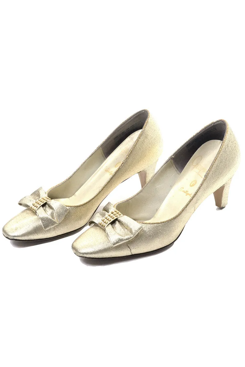 1960's Gaymode Vintage Gold Heels with Bows Size 6.5