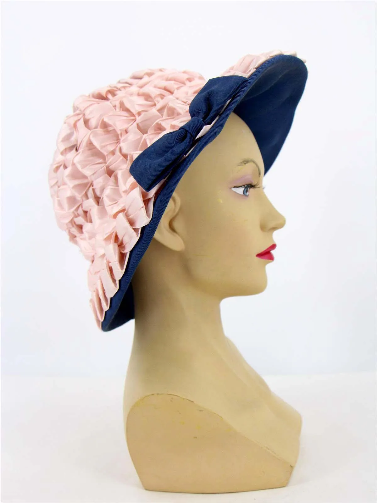 1960s Vintage Pink Raffia Detail Blue Hat