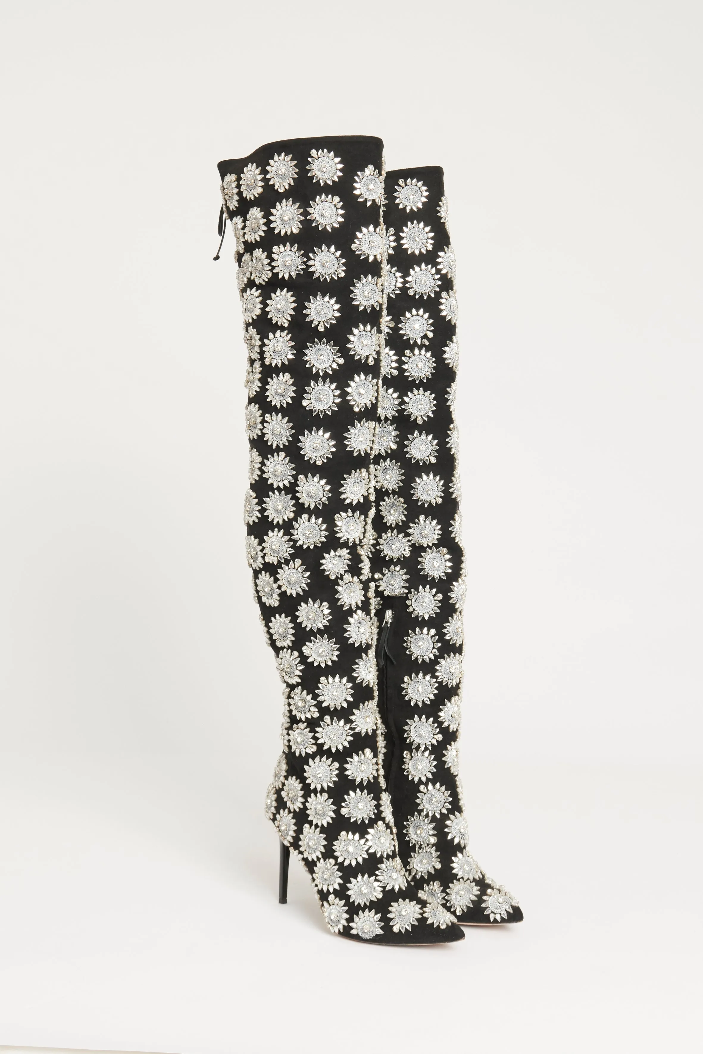 2017 Black Suede Preowned 'Frederikke' Embellished Thigh Boots