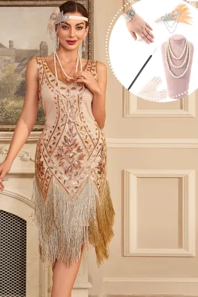 Apricot Sequins Fringe 1920s Flapper Dress with 20s Accessories Set