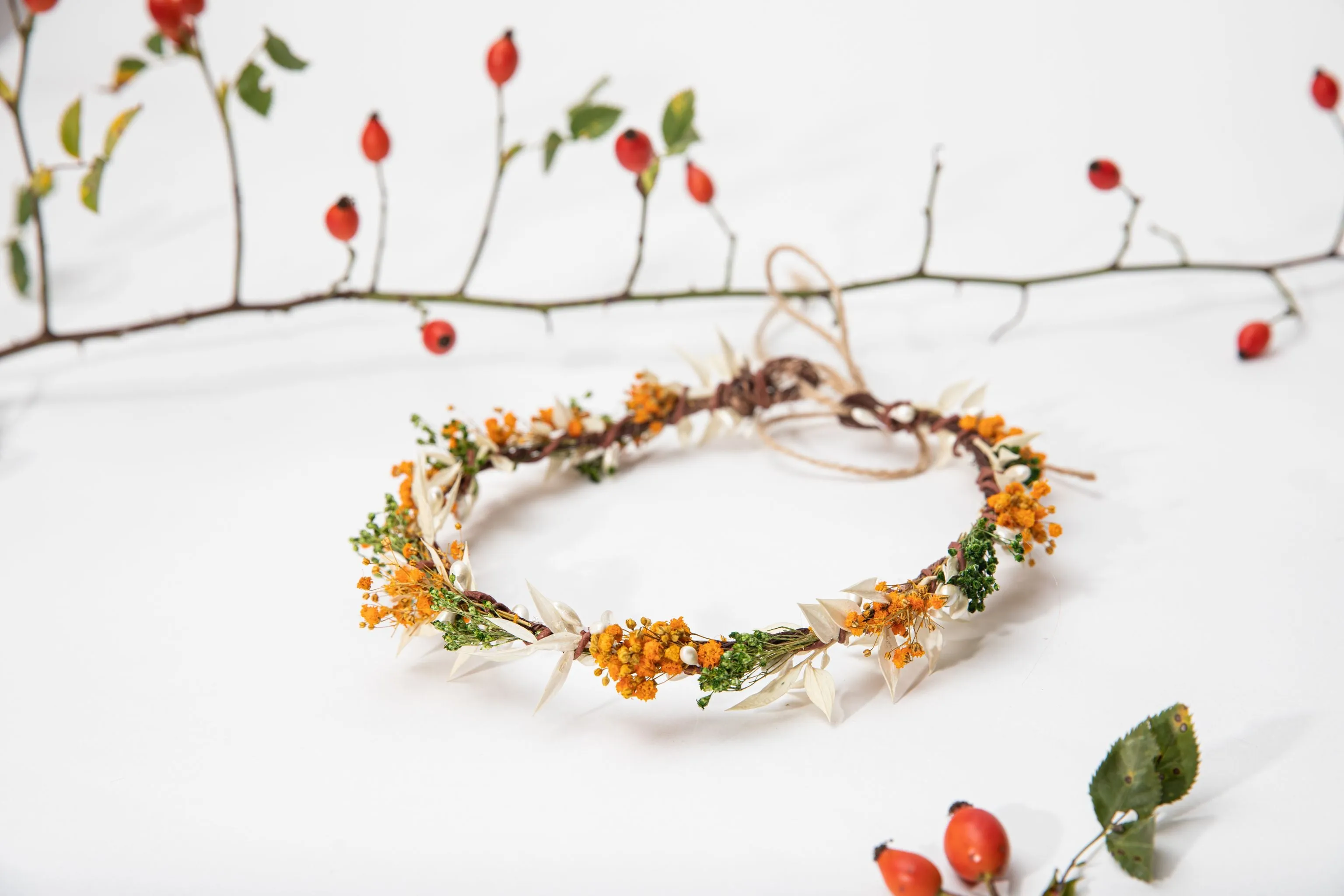 Autumn flower crown Orange and ivory wedding wreath Bridal hair accessories Magaela fall wedding crown Headpiece for bride Natural preserved