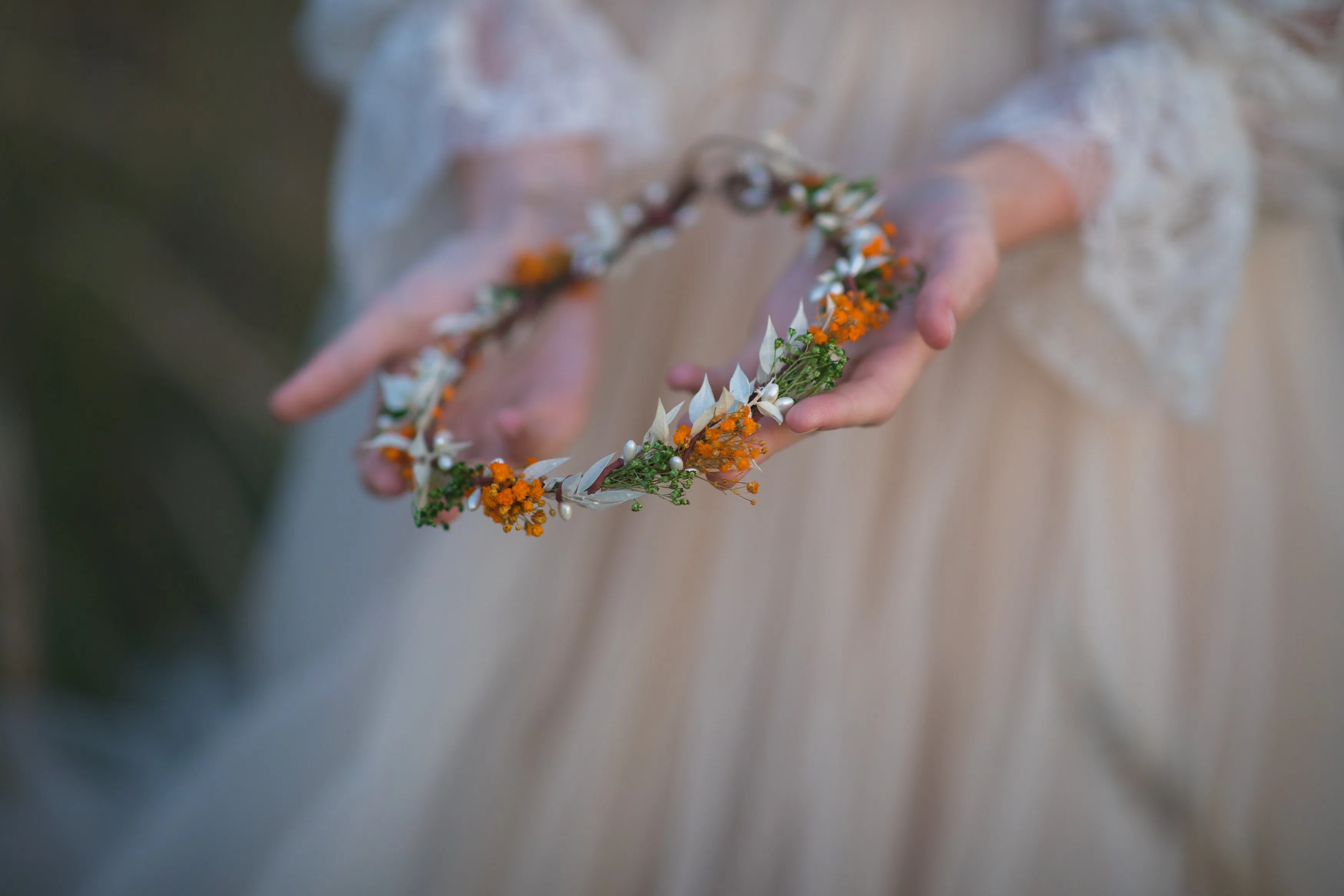 Autumn flower crown Orange and ivory wedding wreath Bridal hair accessories Magaela fall wedding crown Headpiece for bride Natural preserved