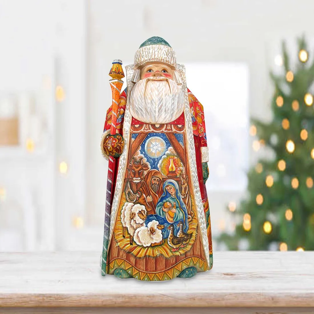 Away in the Manger Santa Hand-Painted Wood Carved Masterpiece by G. DeBrekht - Nativity Holiday Décor - 214523