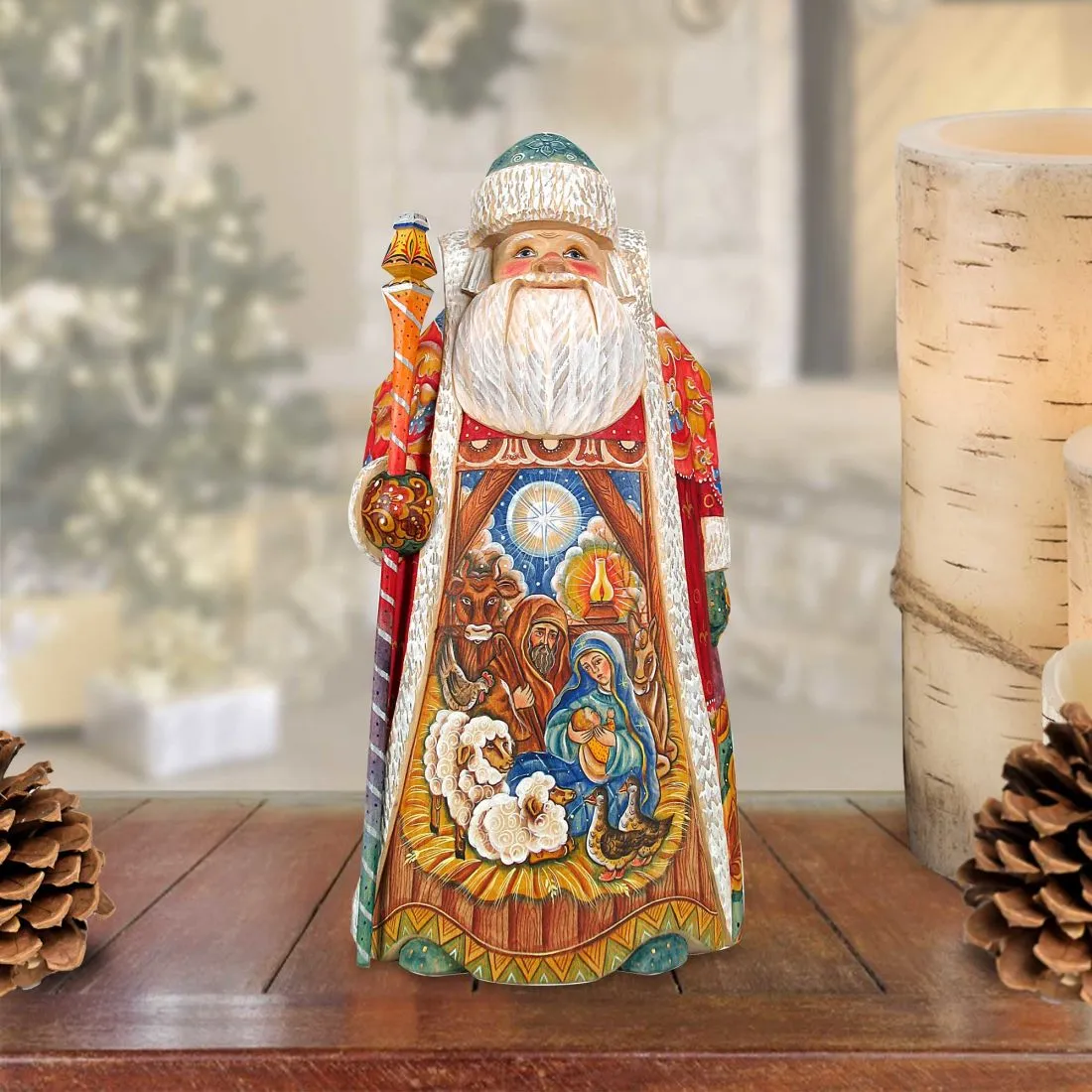 Away in the Manger Santa Hand-Painted Wood Carved Masterpiece by G. DeBrekht - Nativity Holiday Décor - 214523