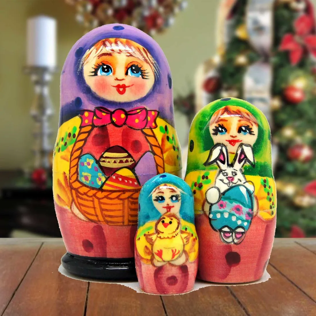 Basket Matreshka Nesting Hand-Painted Doll Set of 3 by G. DeBrekht - Easter Spring Décor - 14737