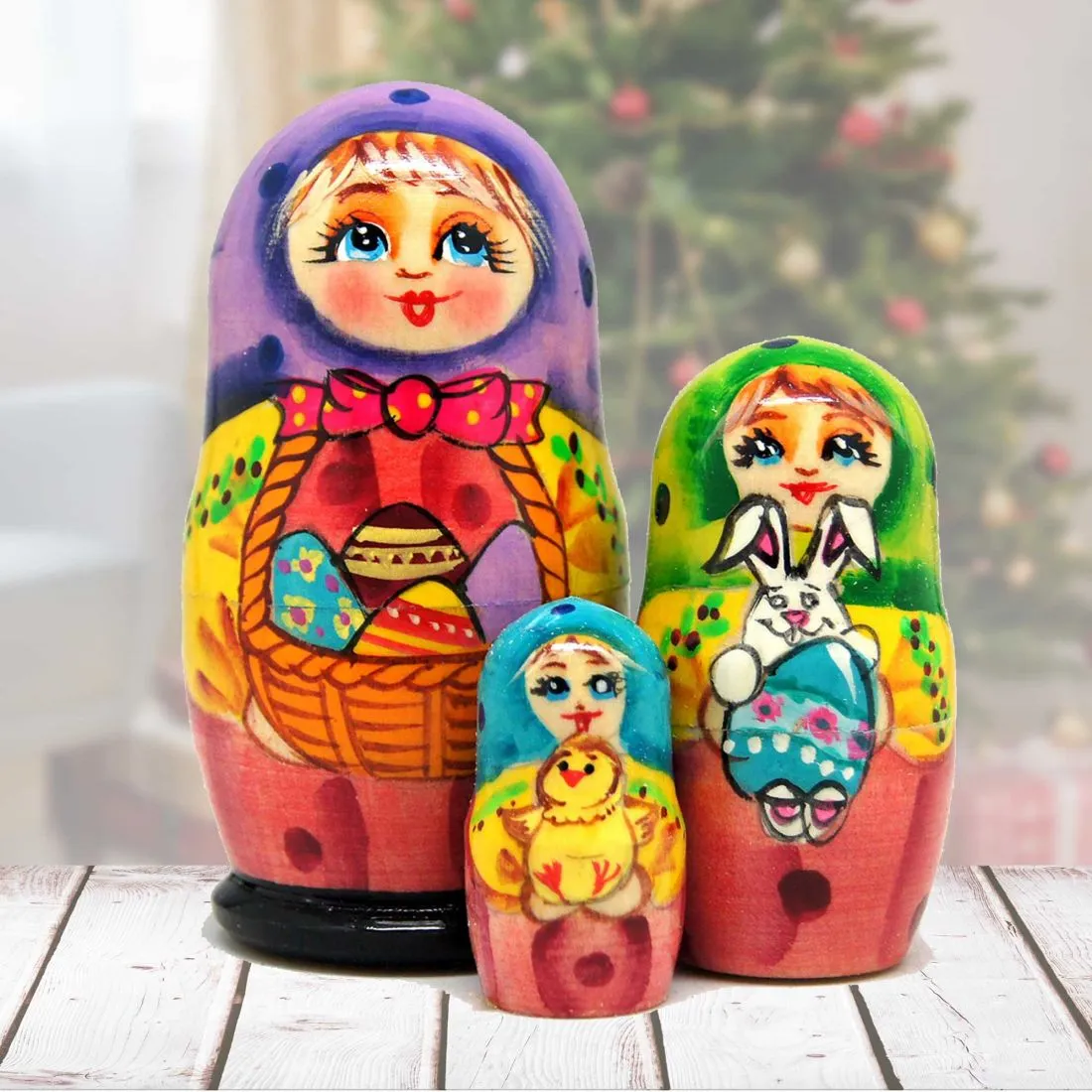 Basket Matreshka Nesting Hand-Painted Doll Set of 3 by G. DeBrekht - Easter Spring Décor - 14737