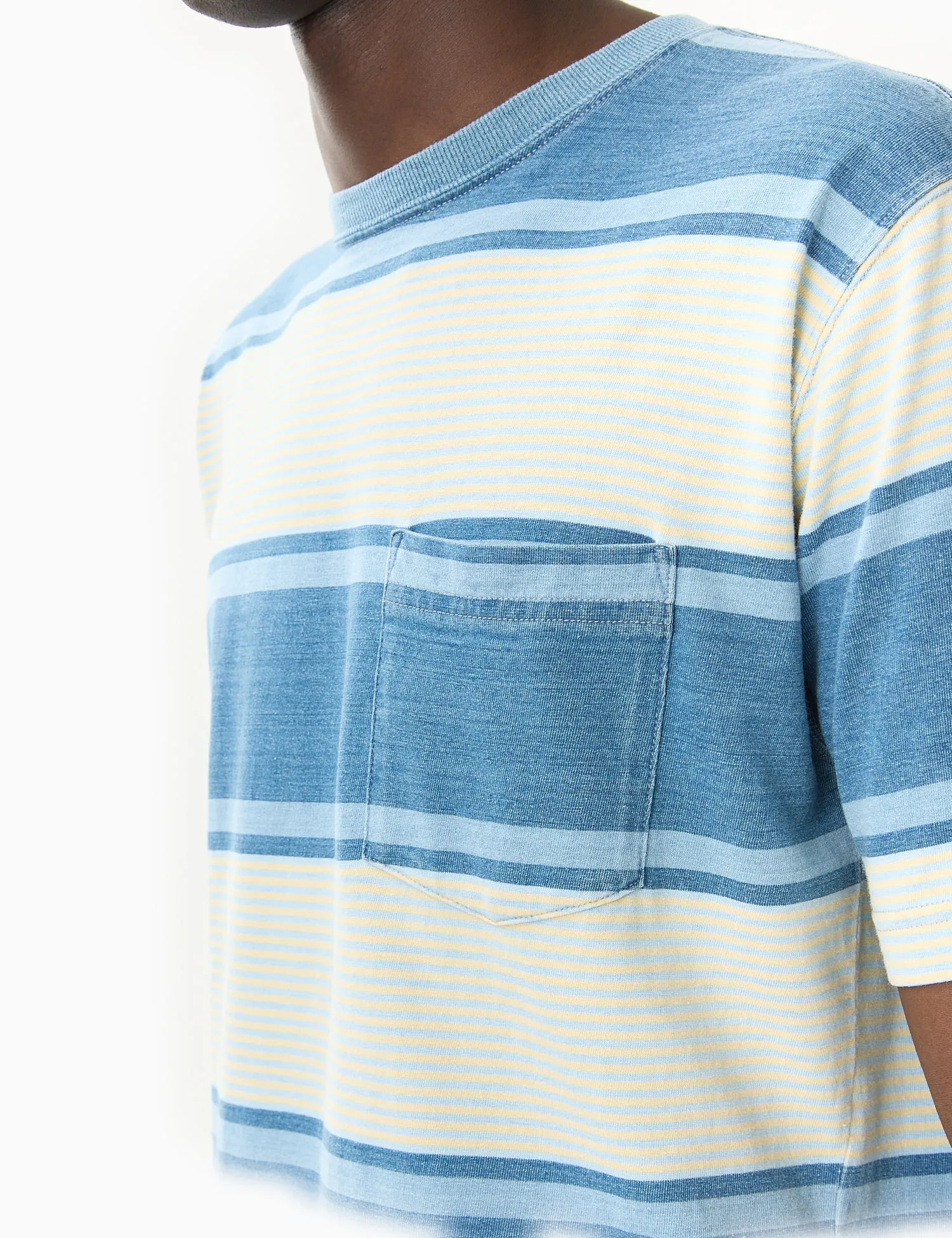 Beams Plus Indigo Stripe Pocket T-Shirt - Blue/Ecru