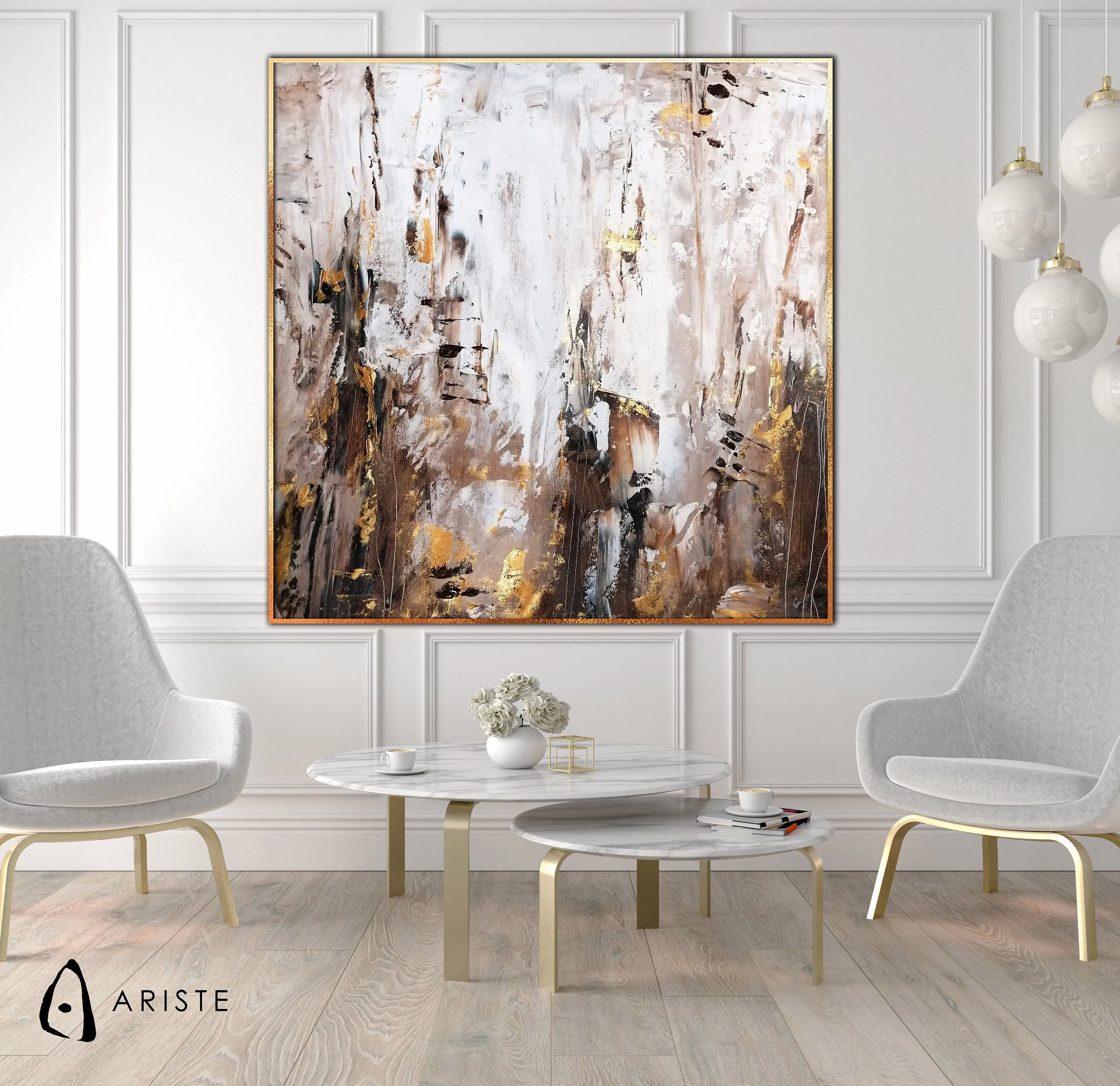 Beige, brown & gold extra large abstract wall art made to order in a custom size