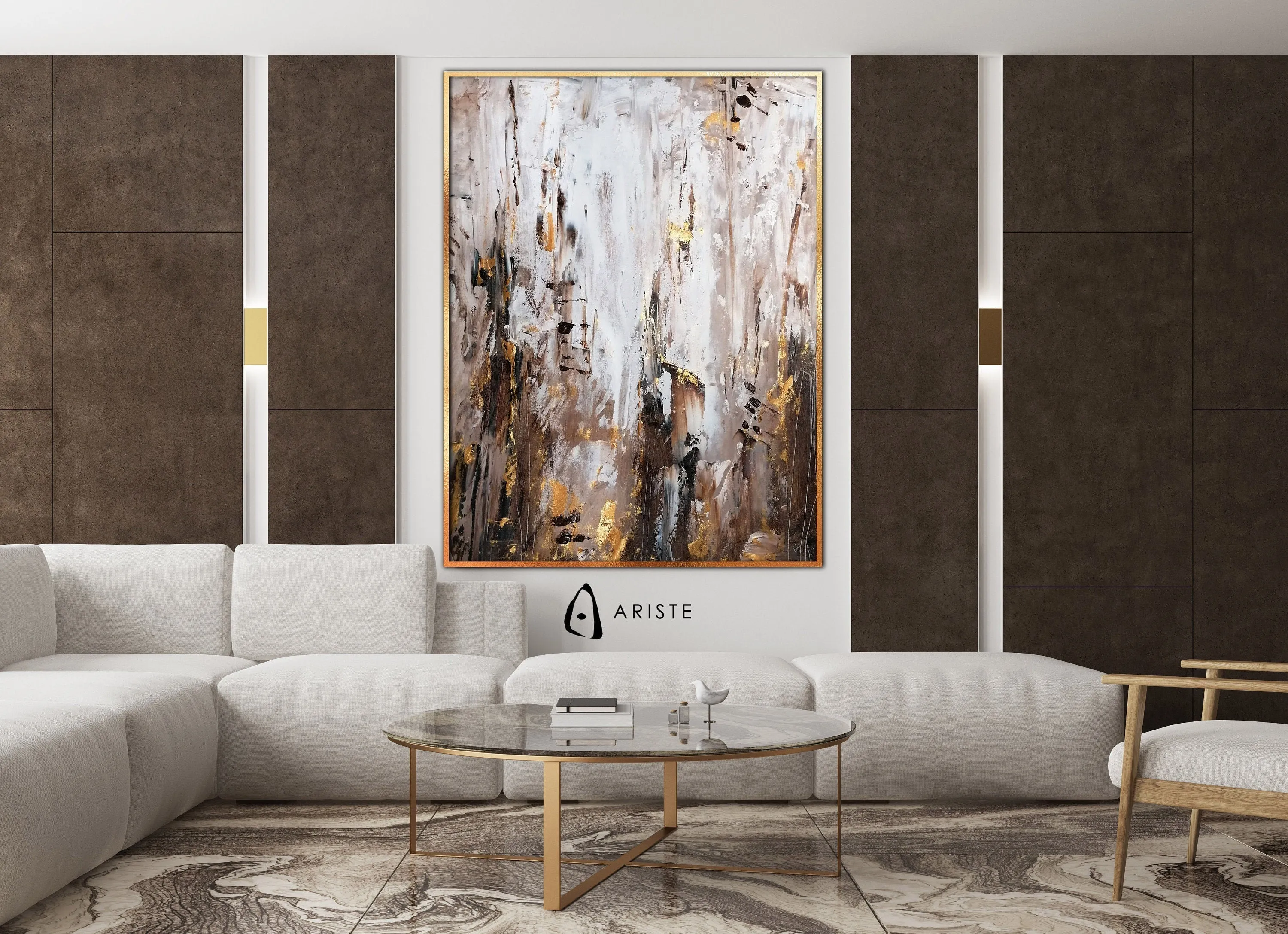 Beige, brown & gold extra large abstract wall art made to order in a custom size