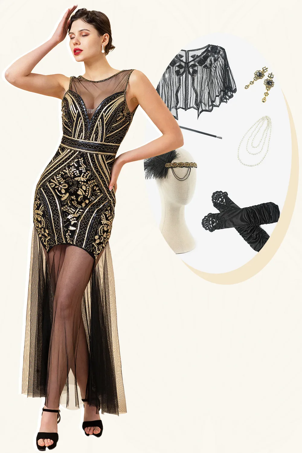 Black and Golden Illusion Neck Sequined Long 1920s Gatsby Flapper Dress with 20s Accessories Set