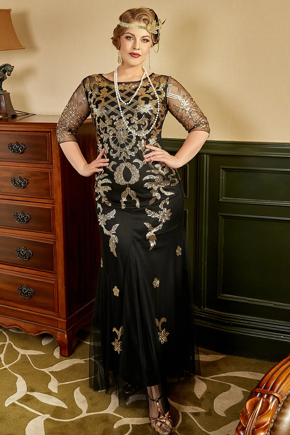 Black and Golden Plus Size 1920s Gatsby Dress with 20s Acessories Set