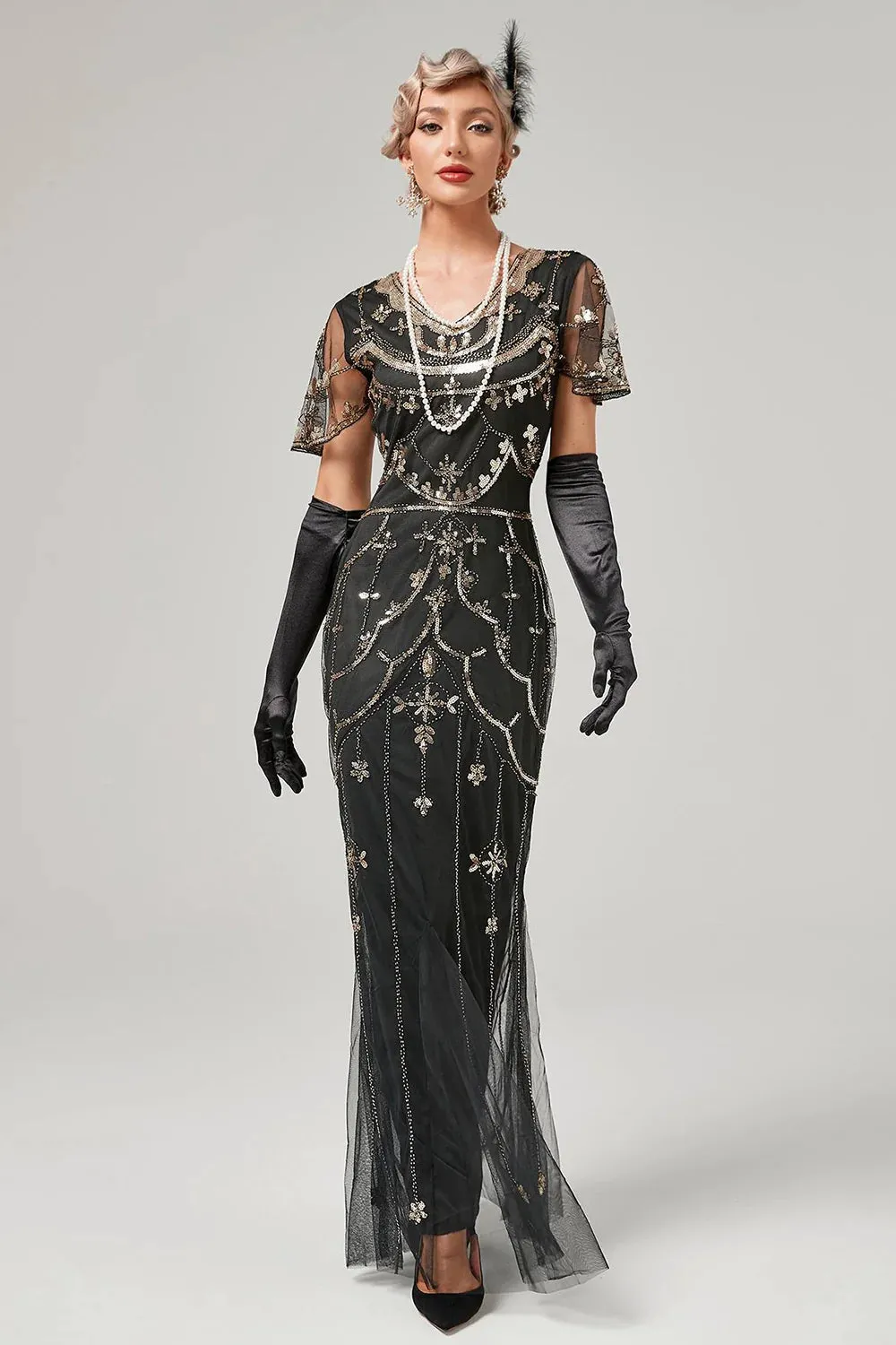 Black Beaded Long Flapper Dress with 1920s Accessories Set