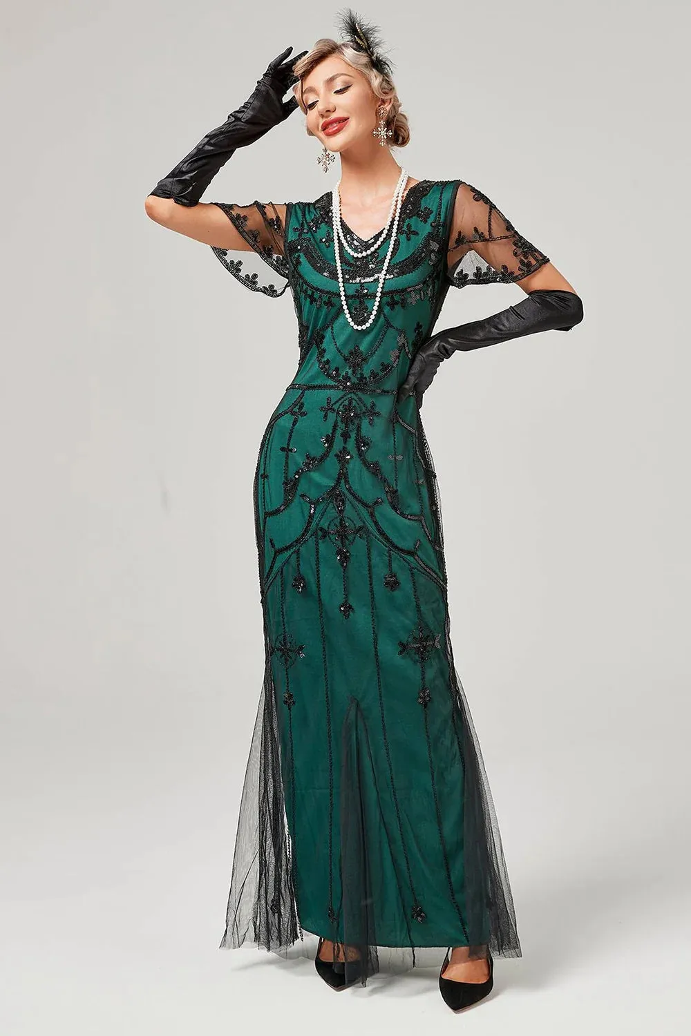 Black Beaded Long Flapper Dress with 1920s Accessories Set