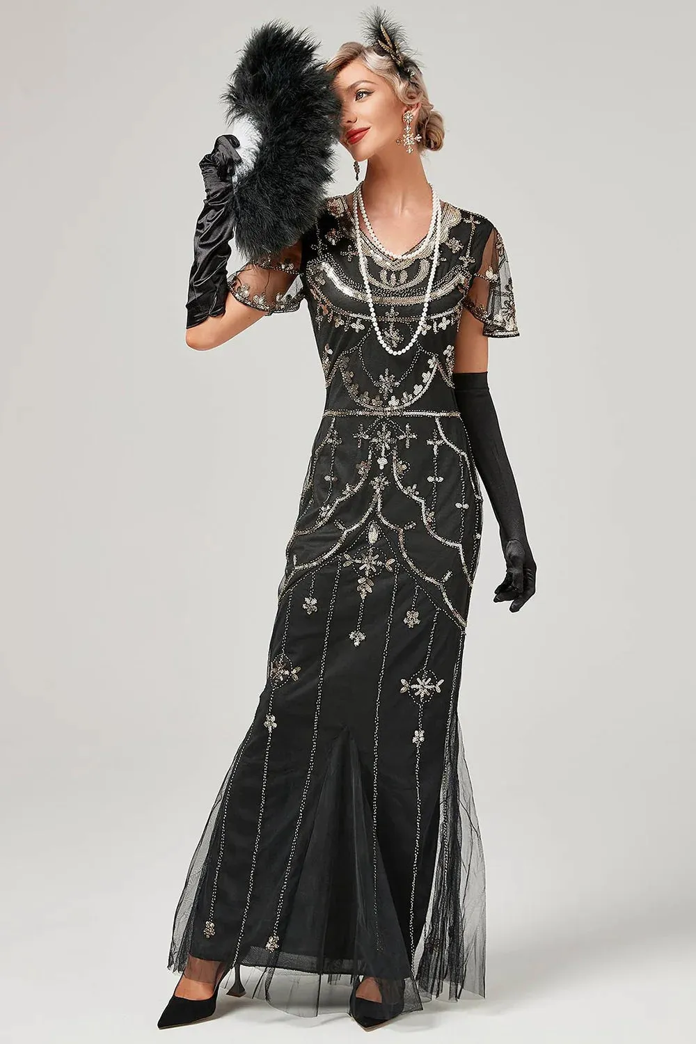 Black Beaded Long Flapper Dress with 1920s Accessories Set