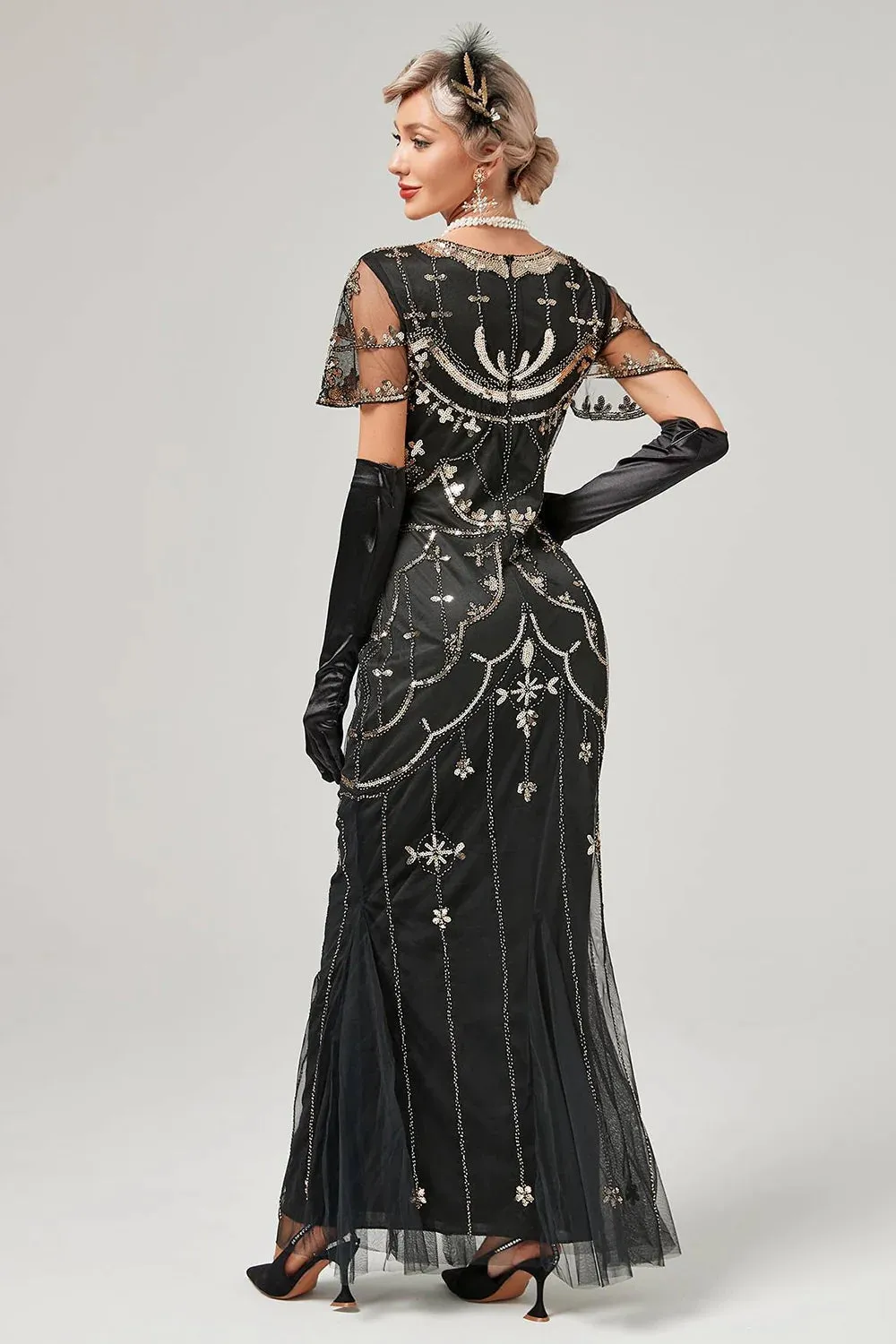 Black Beaded Long Flapper Dress with 1920s Accessories Set