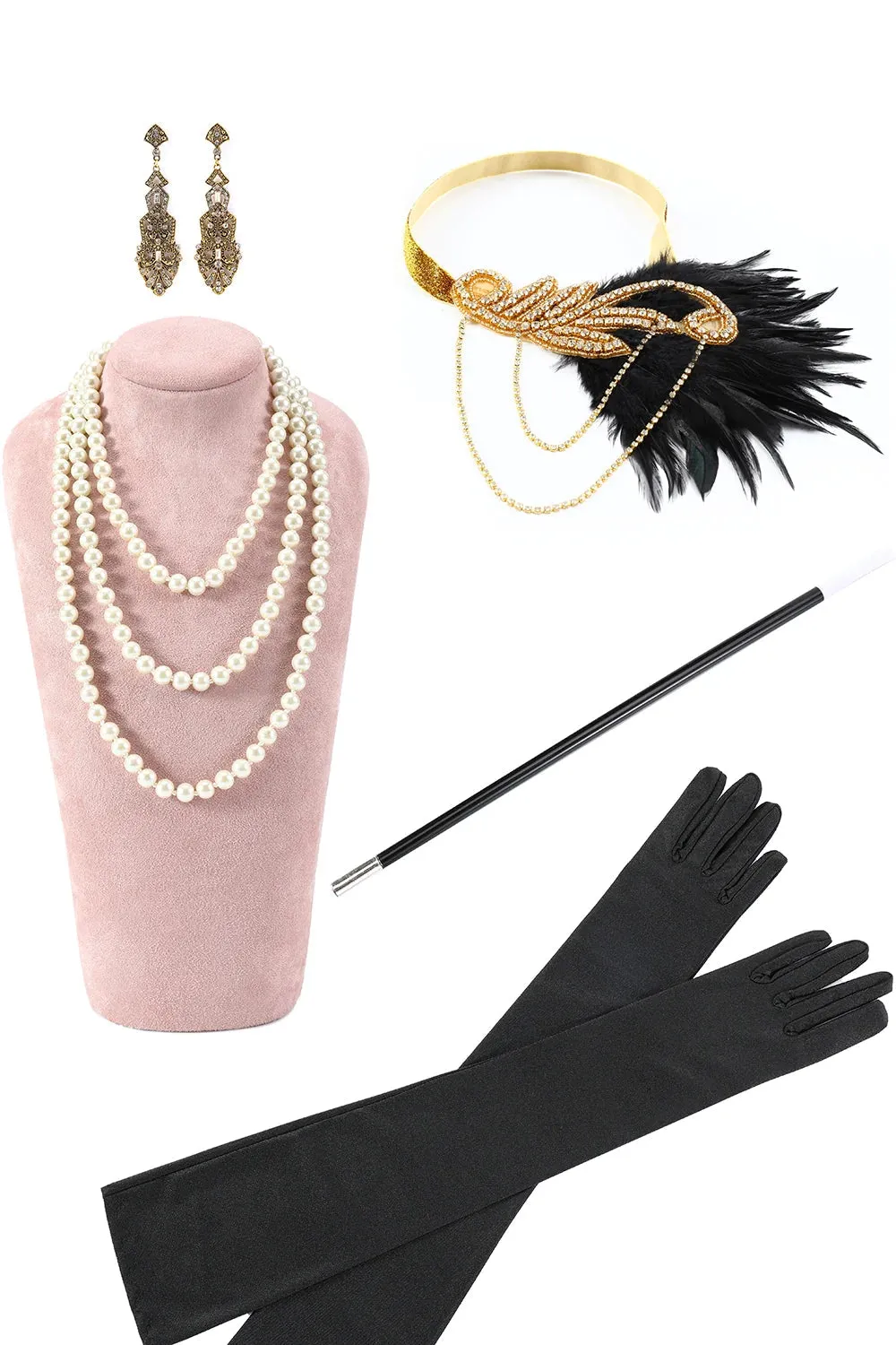 Black Beaded Long Flapper Dress with 1920s Accessories Set