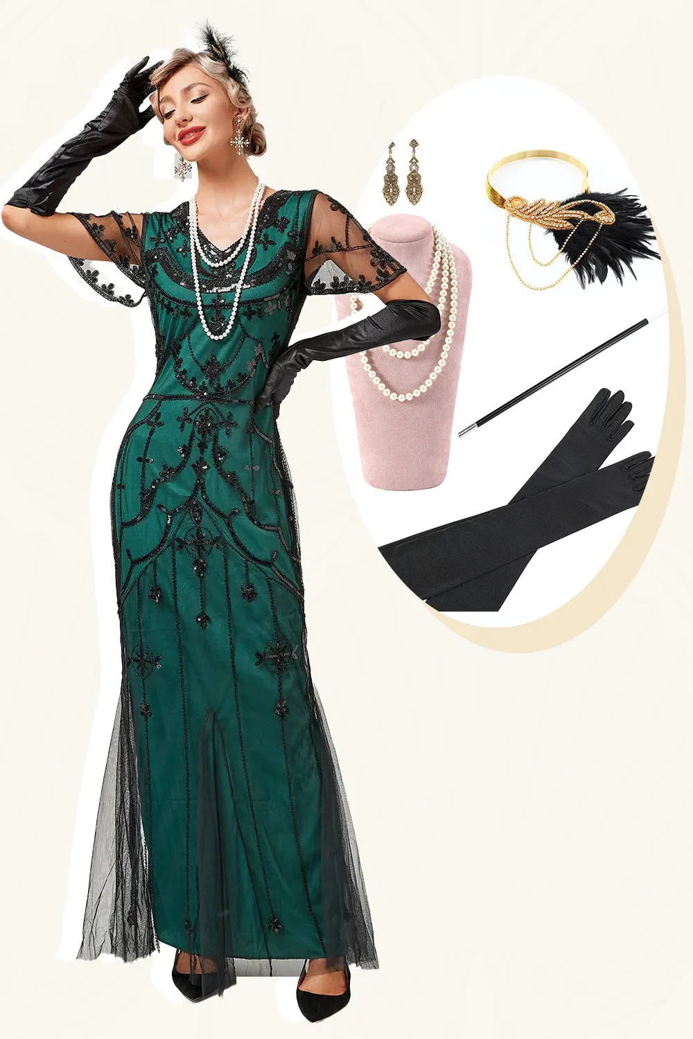 Black Beaded Long Flapper Dress with 1920s Accessories Set