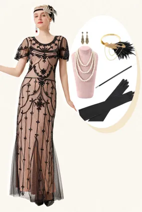 Black Blush Sequins Long 1920s Dress with 20s Accessories Set