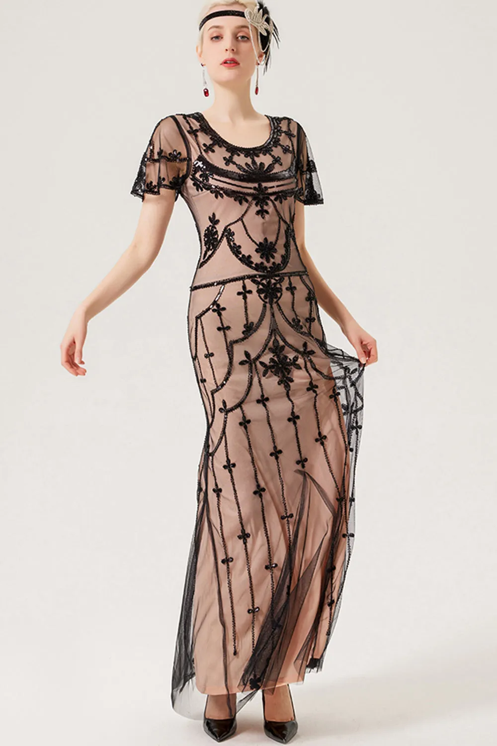 Black Blush Sequins Long 1920s Dress with 20s Accessories Set