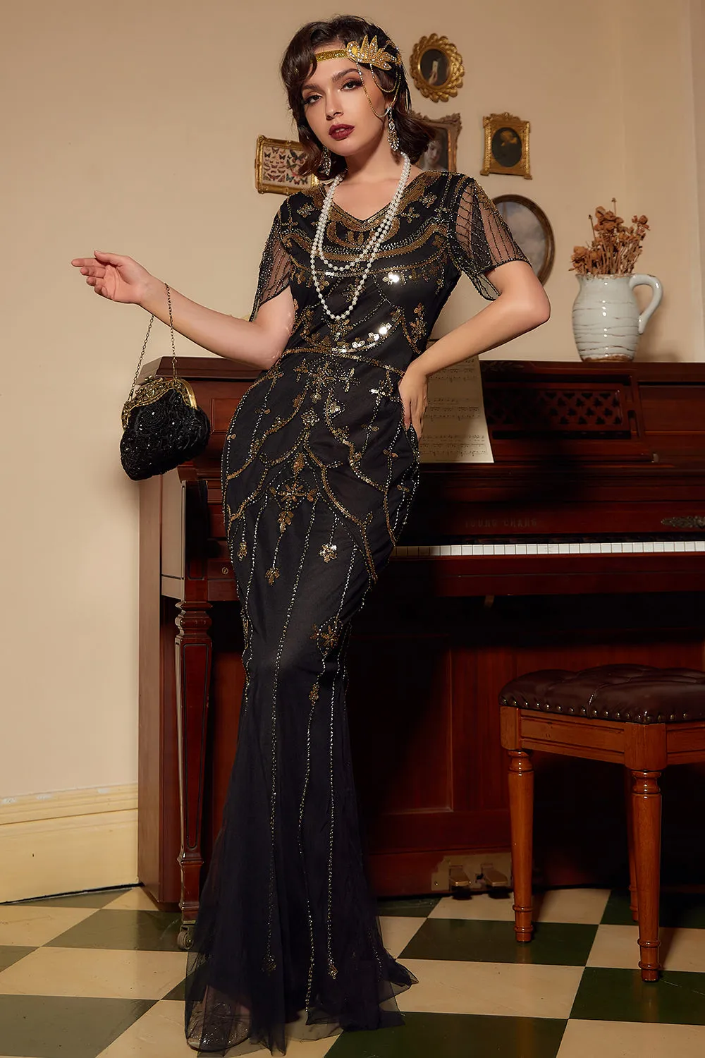 Black Blush Sequins Long 1920s Dress