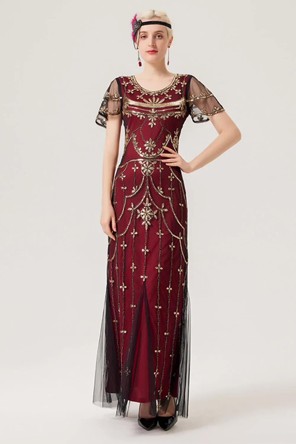 Black Blush Sequins Long 1920s Dress