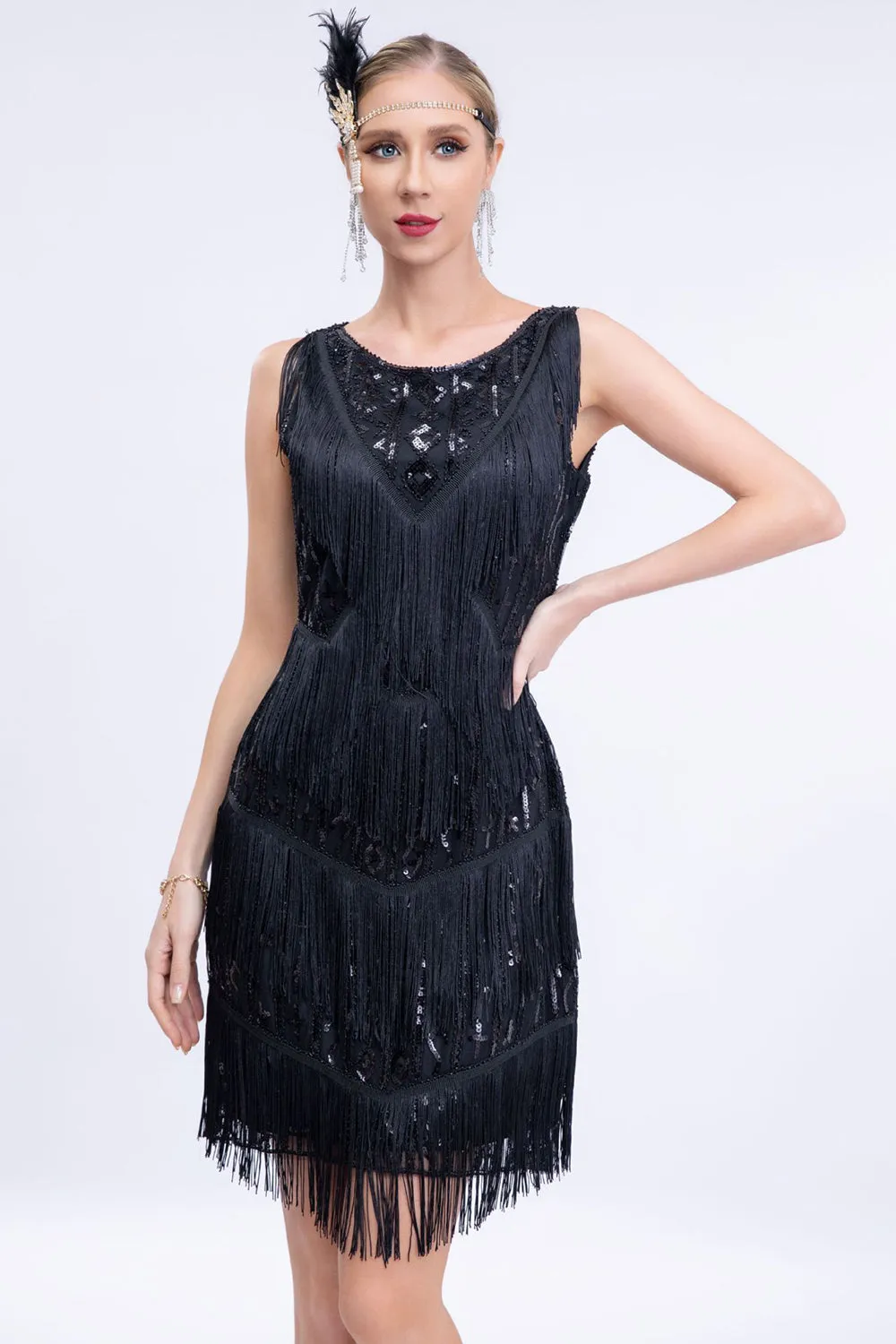 Black Fringed 1920s Gatsby Dress with Sequins with 20s Accessories Set