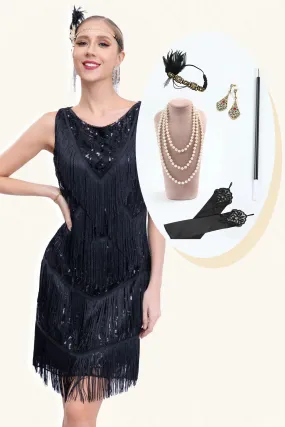 Black Fringed 1920s Gatsby Dress with Sequins with 20s Accessories Set