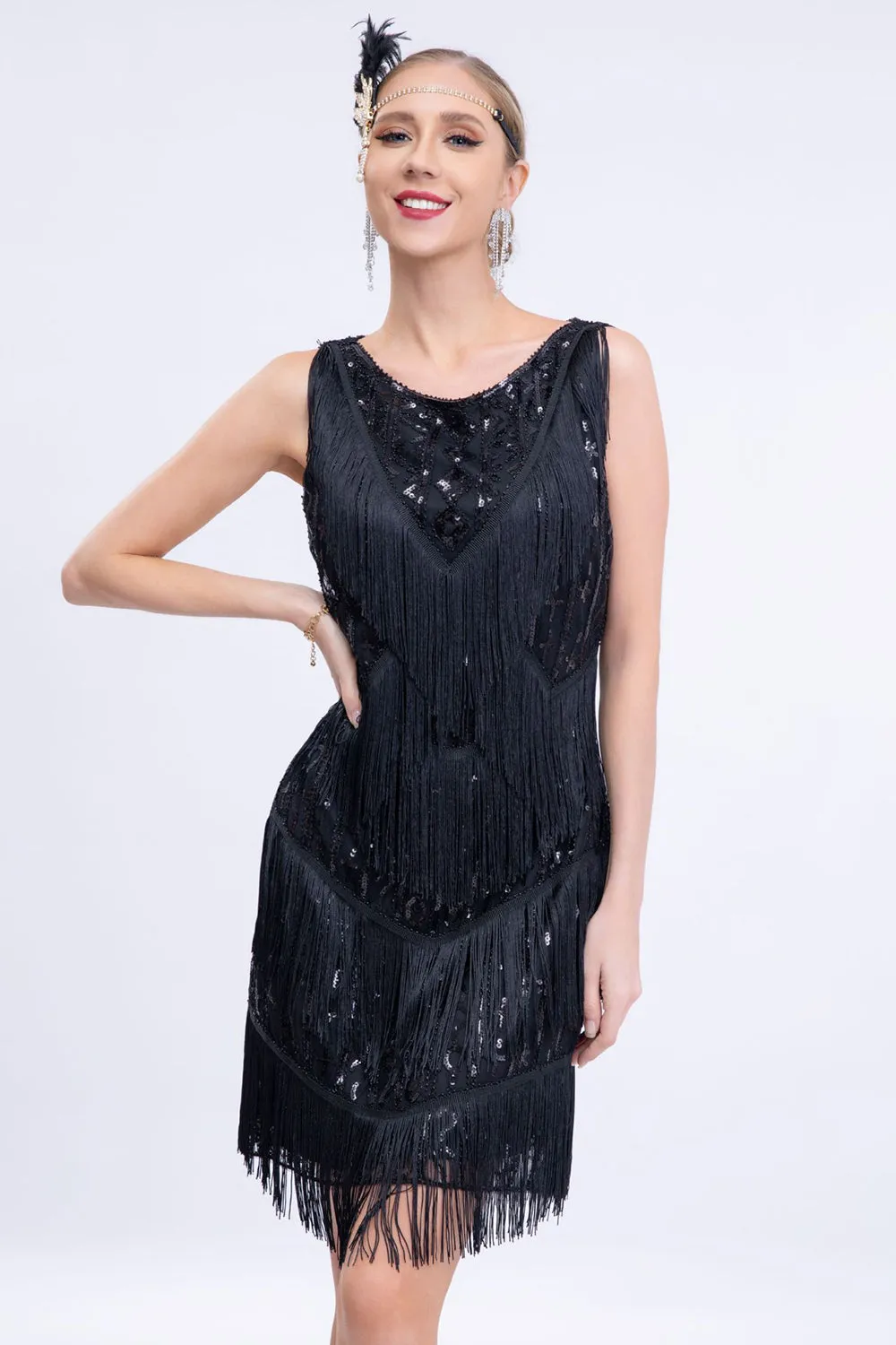 Black Fringed 1920s Gatsby Dress with Sequins