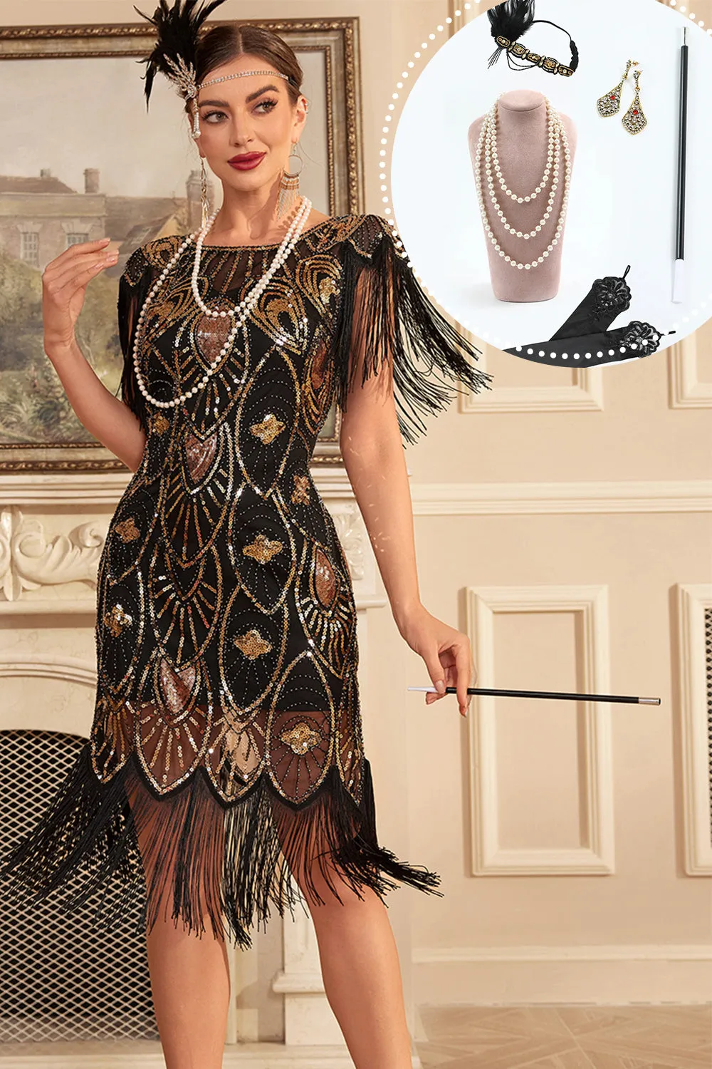 Black Golden Sequins Fringe 1920s Flapper Dress with 20s Accessories Set