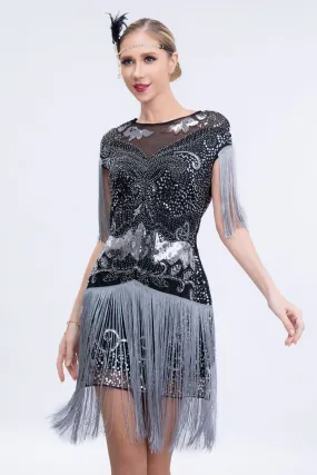 Black Grey Sequins Roaring 20s Gatsby Fringed Flapper Dress