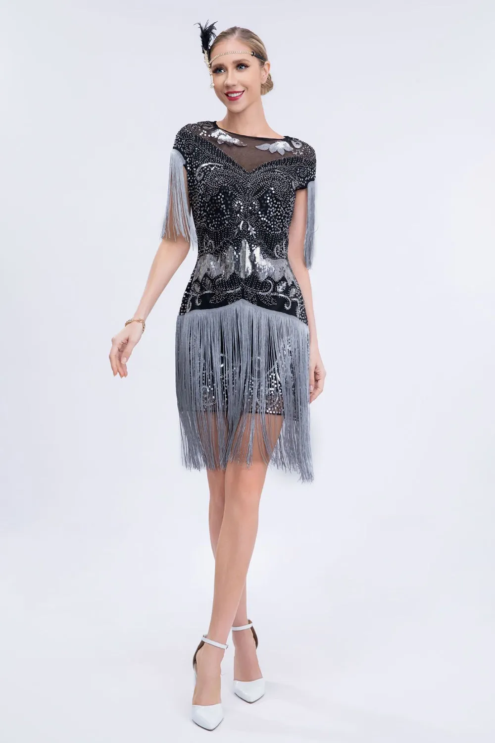 Black Grey Sequins Roaring 20s Gatsby Fringed Flapper Dress