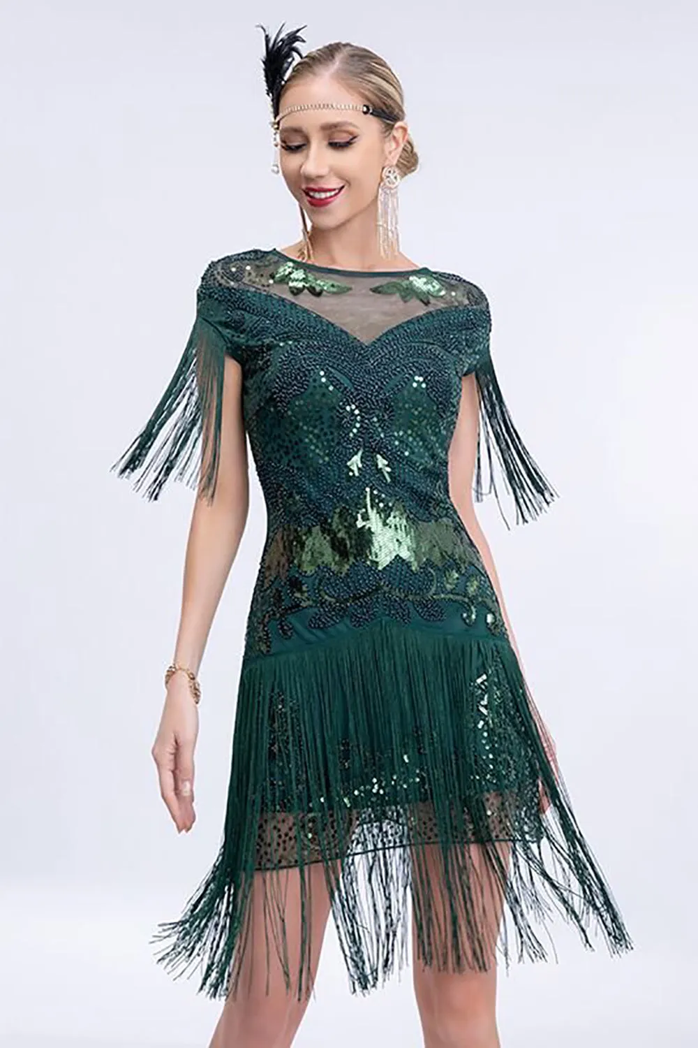 Black Grey Sequins Roaring 20s Gatsby Fringed Flapper Dress