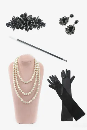 Black Headpiece Drop Earrings Five Pieces 1920s Accessories Set