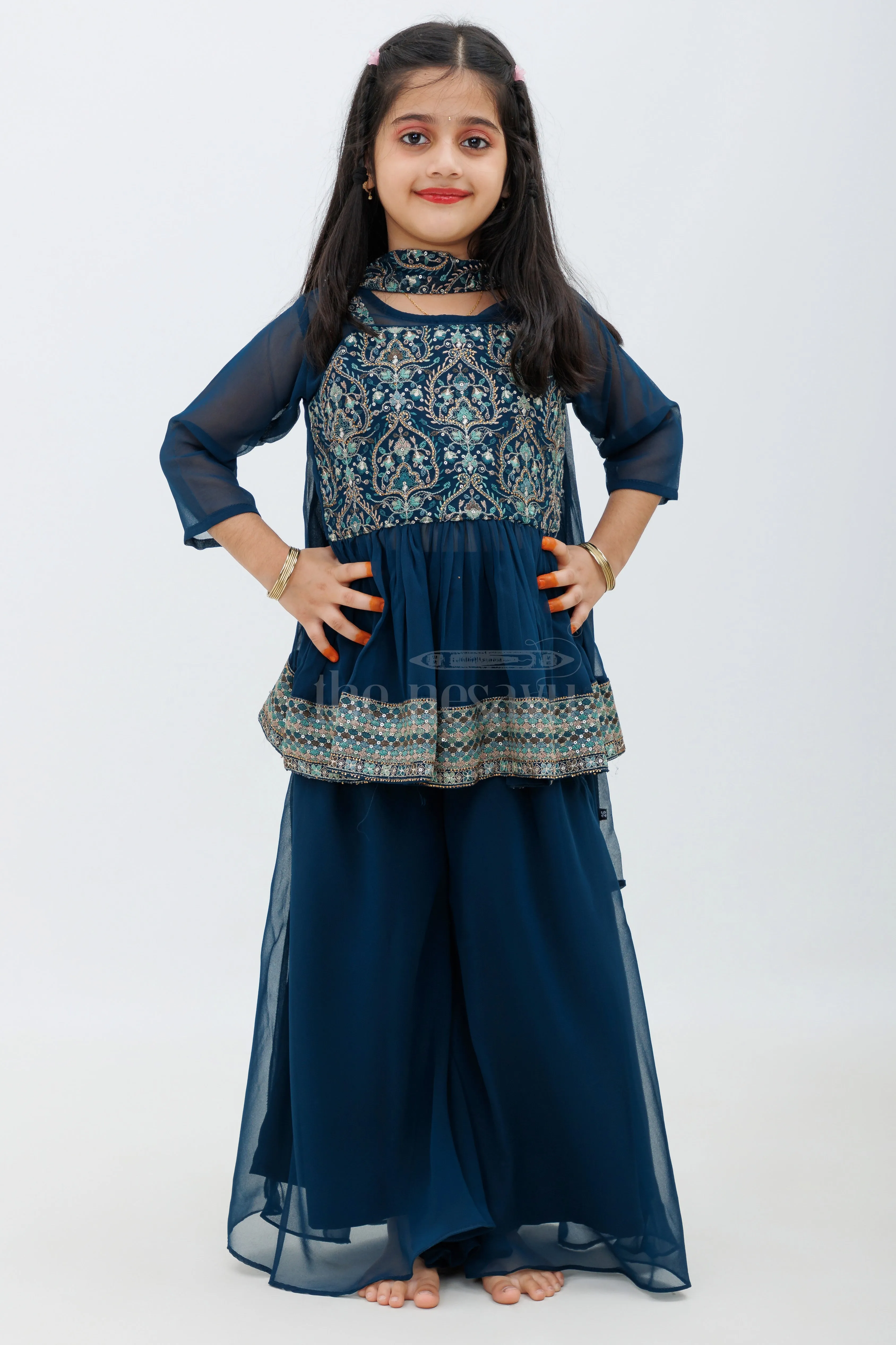 Blue Georgette Embroidered Palazzo Set with Dupatta