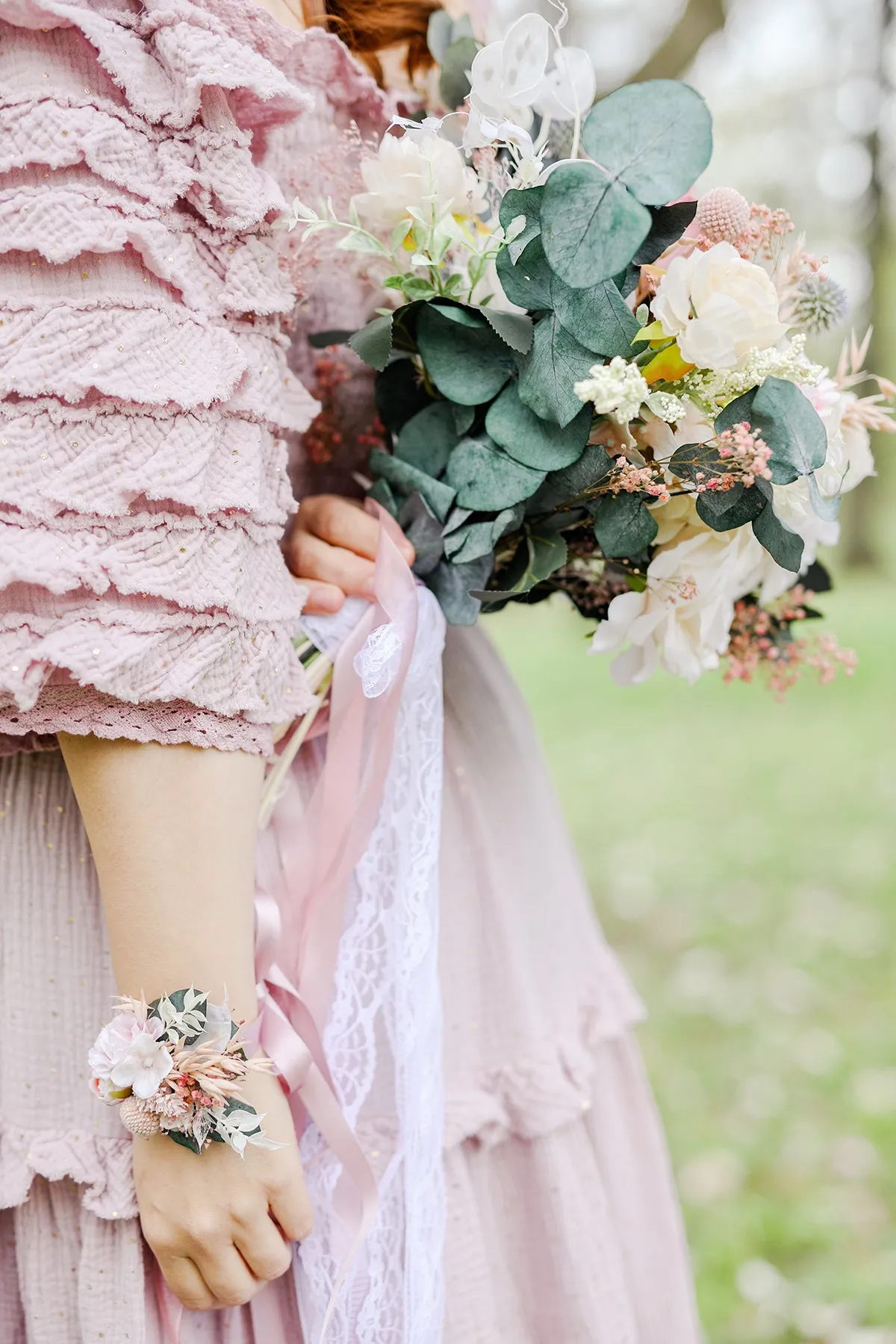 Blush flower bracelet Bridesmaid gift Matching bracelets Romantic wrist corsage Magaela Wedding accessories Customisable bridal wrist flowers