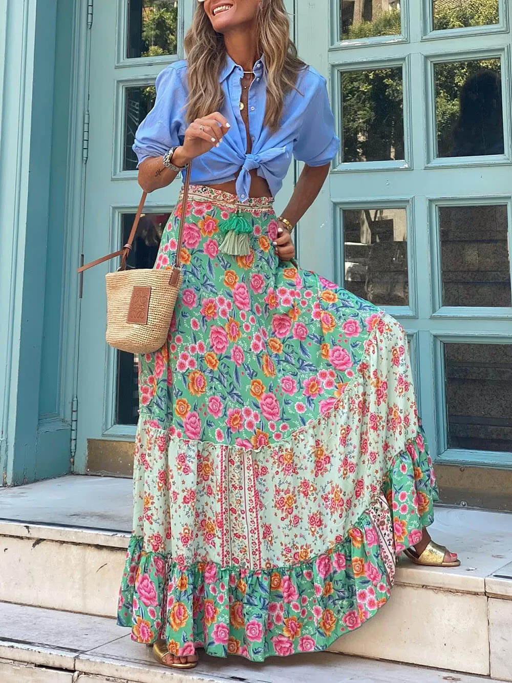 Bohemian Print Elastic Charming Waist Tassel Maxi Skirt