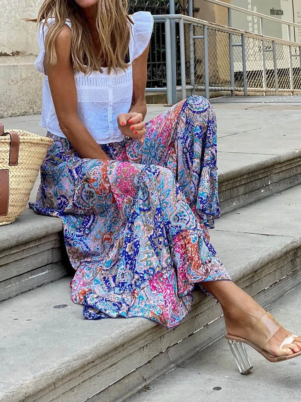 Bohemian Print Elastic Charming Waist Tassel Maxi Skirt