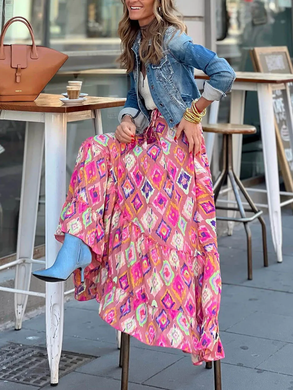 Bohemian Print Elastic Charming Waist Tassel Maxi Skirt