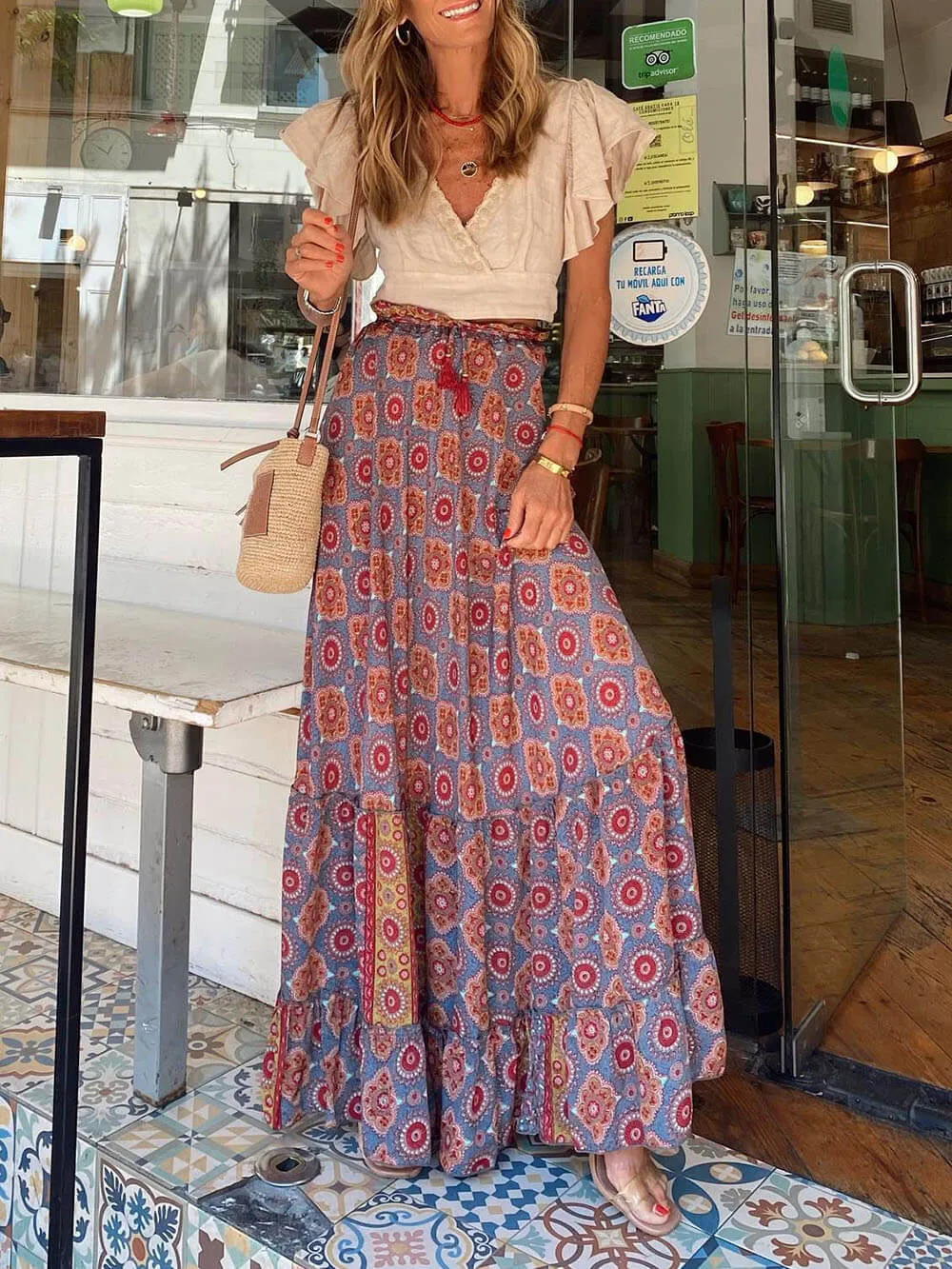 Bohemian Print Elastic Charming Waist Tassel Maxi Skirt