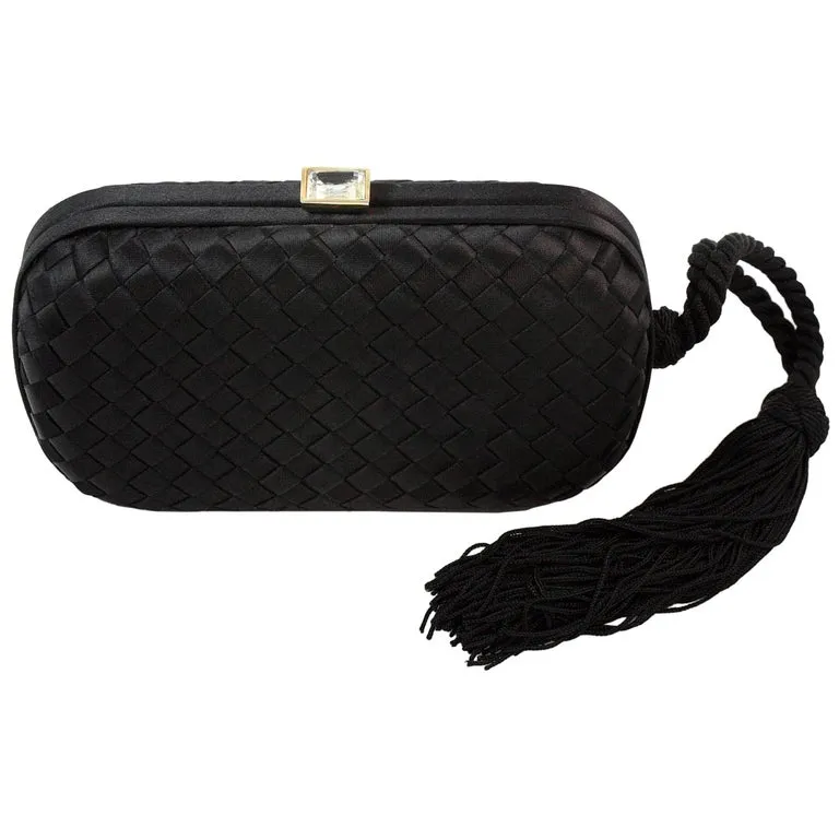 BOTTEGA VENETA Black Satin Woven Jeweled Clutch with Tassel