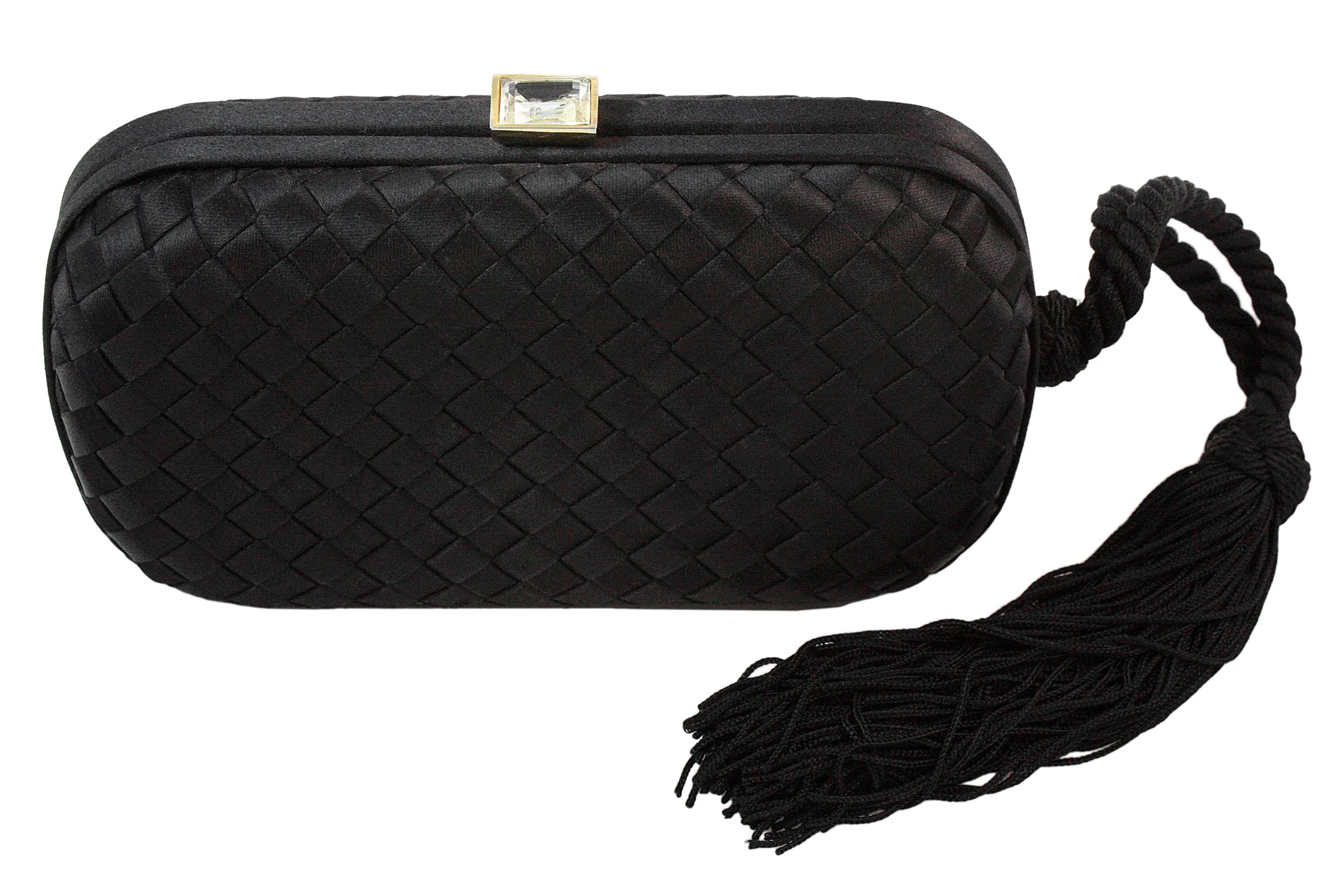 BOTTEGA VENETA Black Satin Woven Jeweled Clutch with Tassel