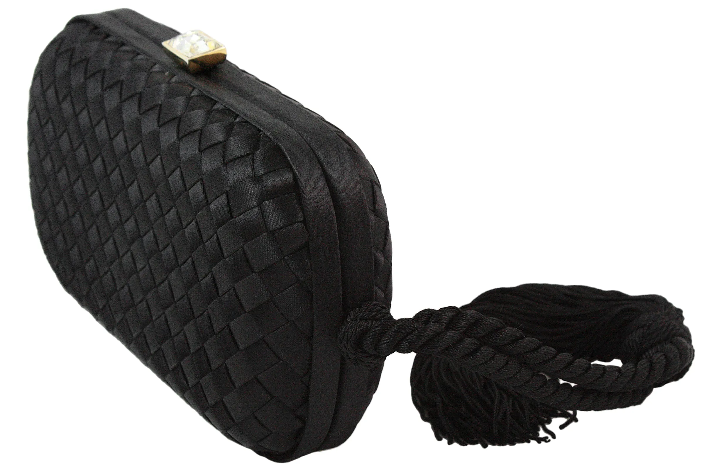 BOTTEGA VENETA Black Satin Woven Jeweled Clutch with Tassel