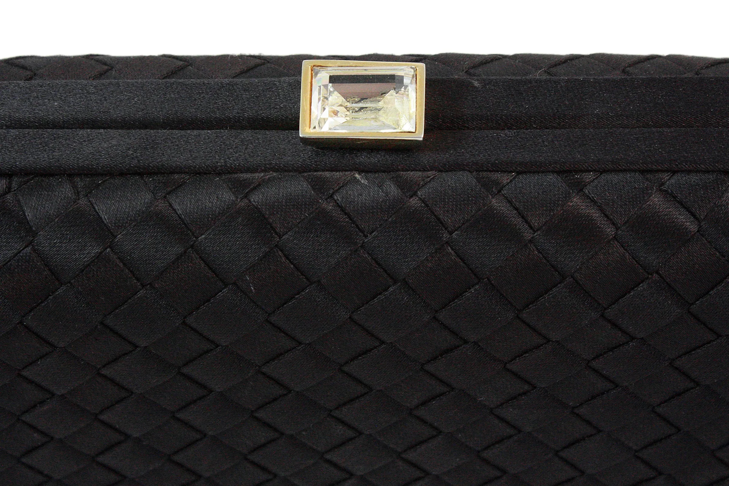 BOTTEGA VENETA Black Satin Woven Jeweled Clutch with Tassel