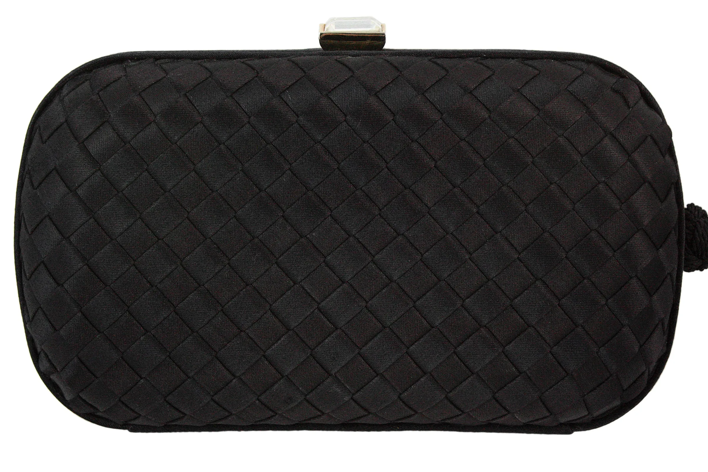 BOTTEGA VENETA Black Satin Woven Jeweled Clutch with Tassel