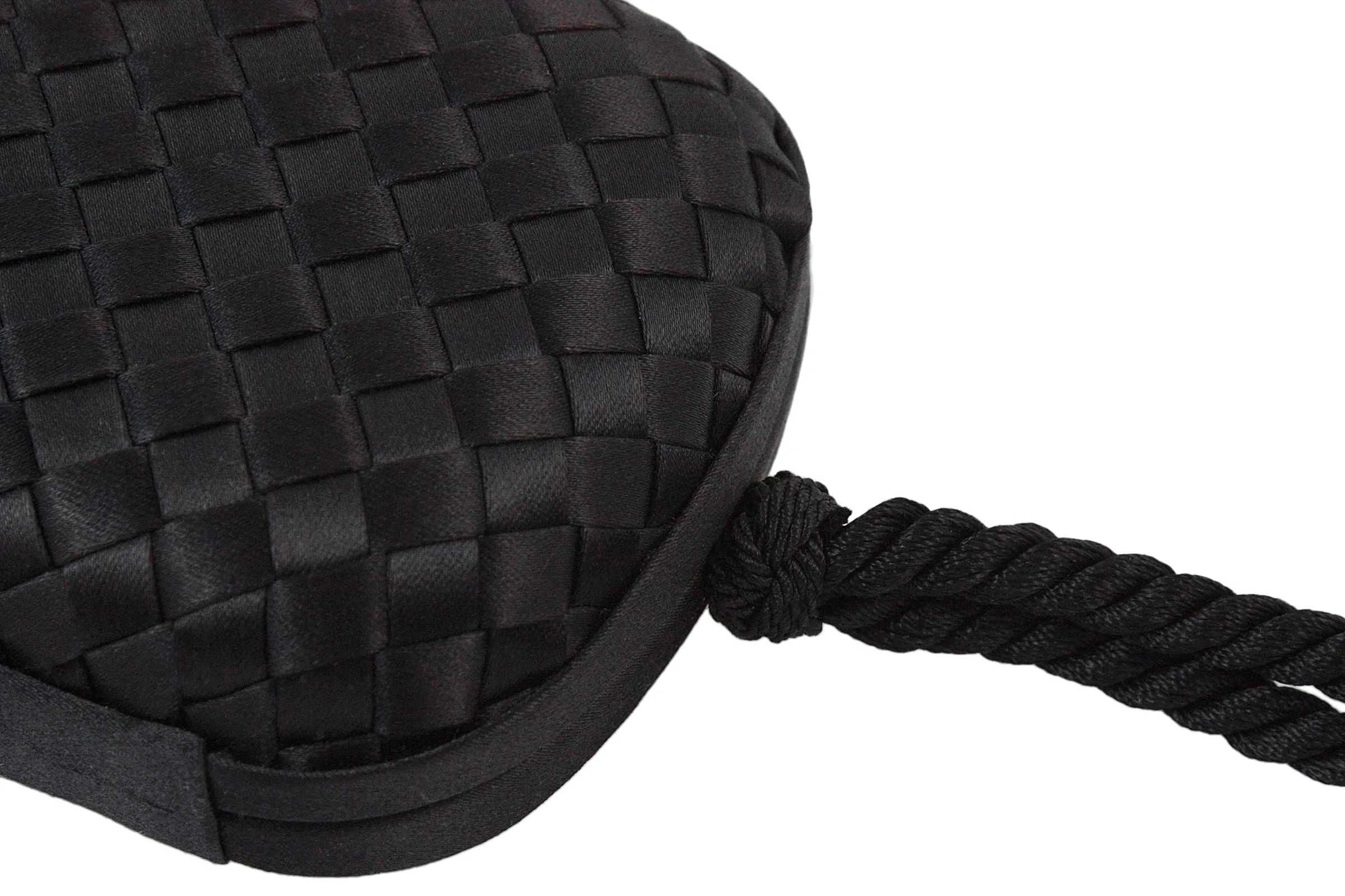 BOTTEGA VENETA Black Satin Woven Jeweled Clutch with Tassel