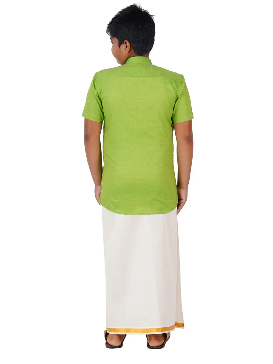 Boys Giza Cotton Shirt & White Dhoti Set Green GL2