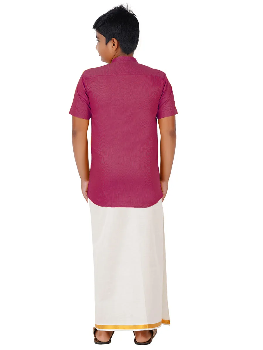 Boys Giza Cotton Shirt & White Dhoti Set Maroon GL6