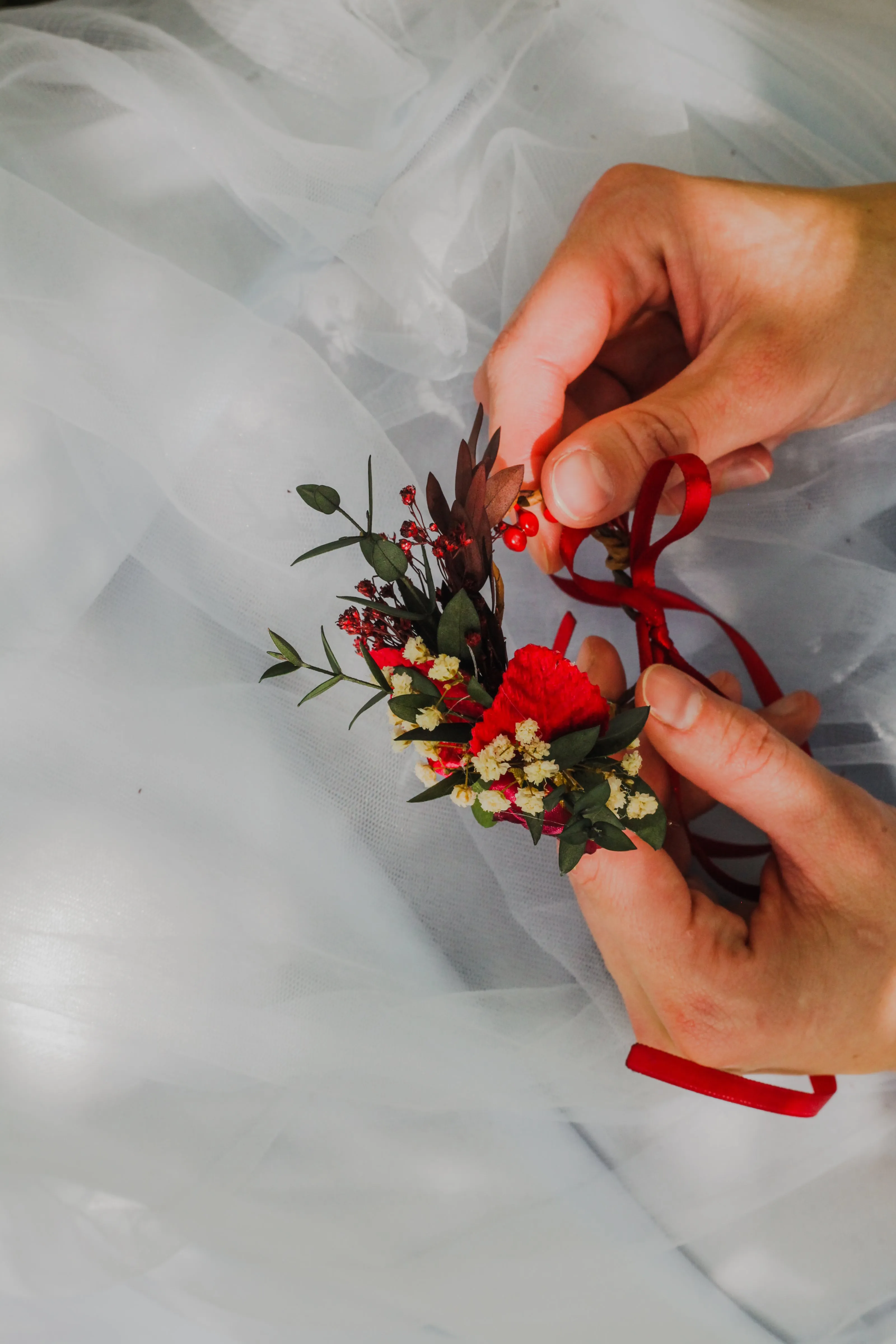 Burgundy and green bridal bracelet Flower wrist corsage for bridesmaids Eucalyptus and baby's breath bracelet Adjustable wedding bracelet